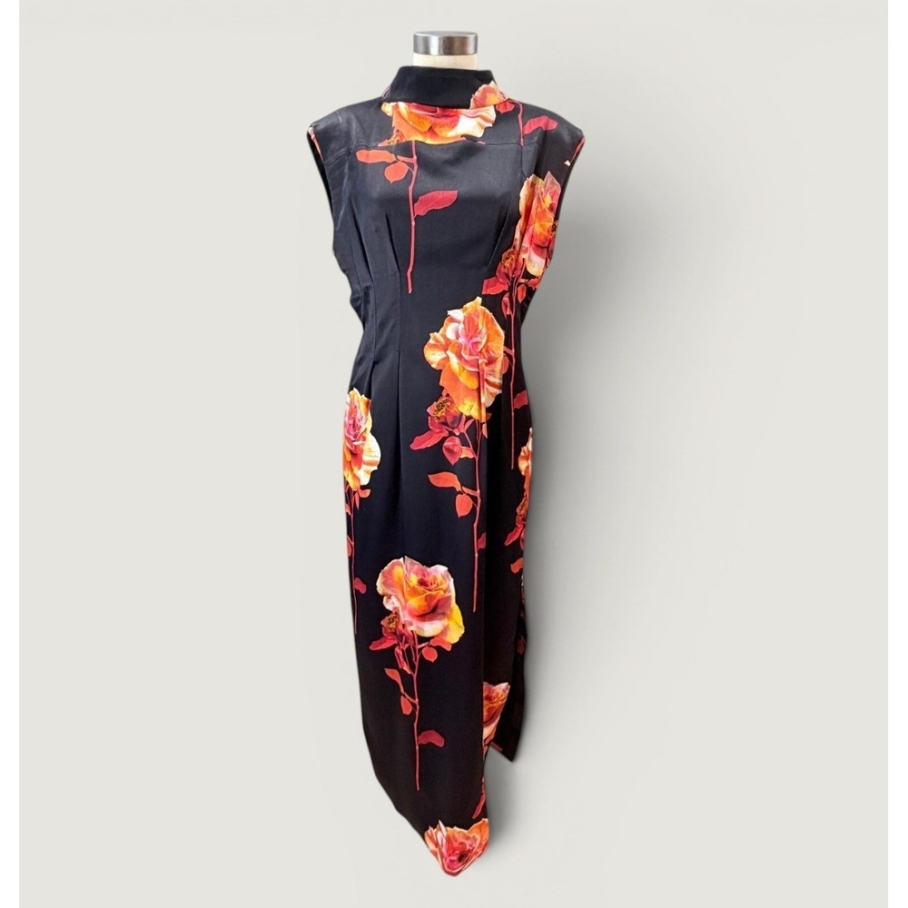 Karen Millen Rose Floral High Neck Bow Back Double Sleeve Maxi Midi Dress US 8